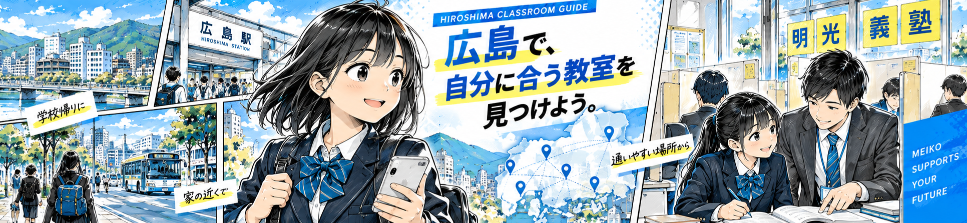 広島で自分に合う明光義塾の教室を見つけよう。学校帰りや自宅近くなど、広島県内の教室を探す生徒の漫画ビジュアル。