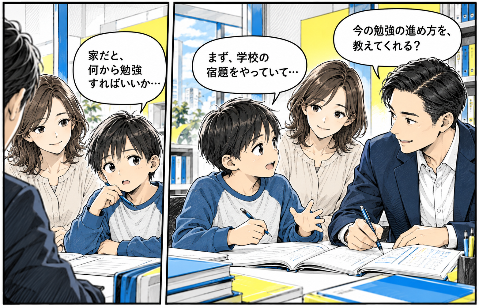 生徒と保護者が講師へ学習方法について相談している漫画