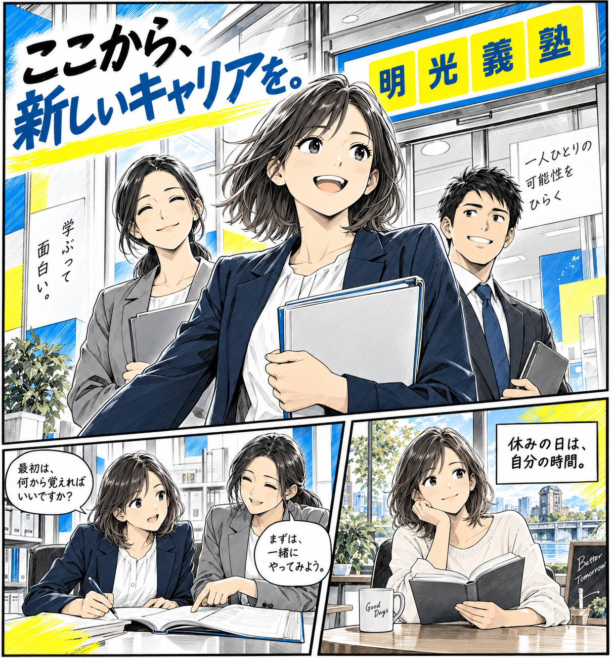 明光義塾で新しいキャリアを始めるスタッフを描いた漫画