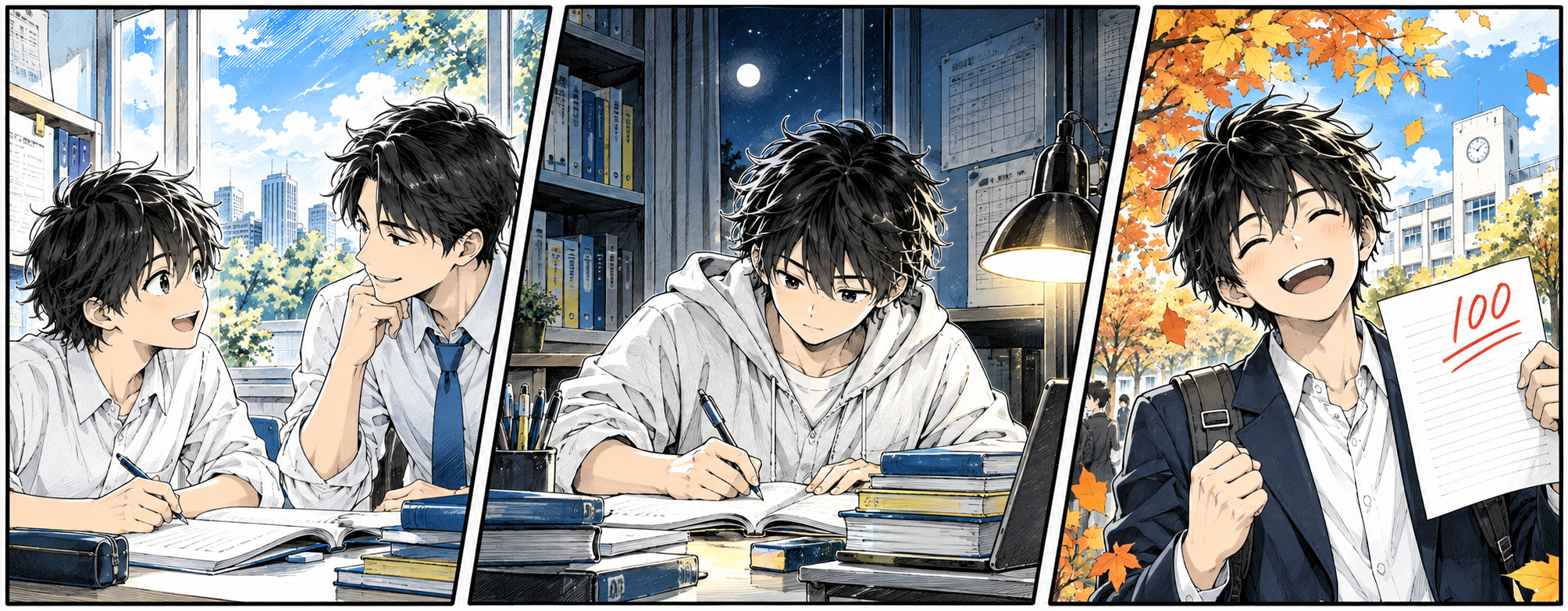 目標について話し、学習方法を考え、その後自分から学ぶようになる生徒を描いた漫画