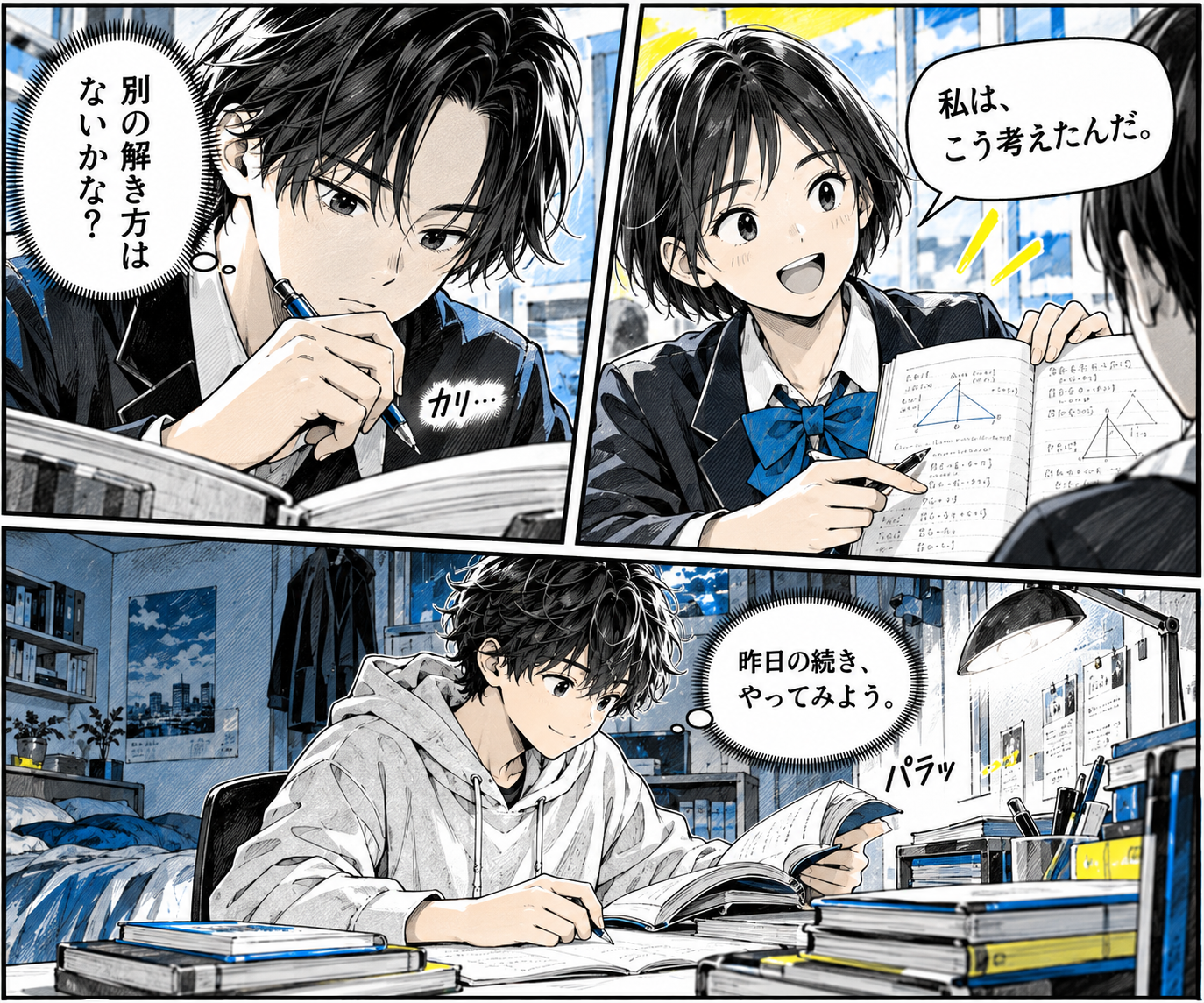 考える力・伝える力・学び続ける力を3人の生徒の行動で表現した漫画