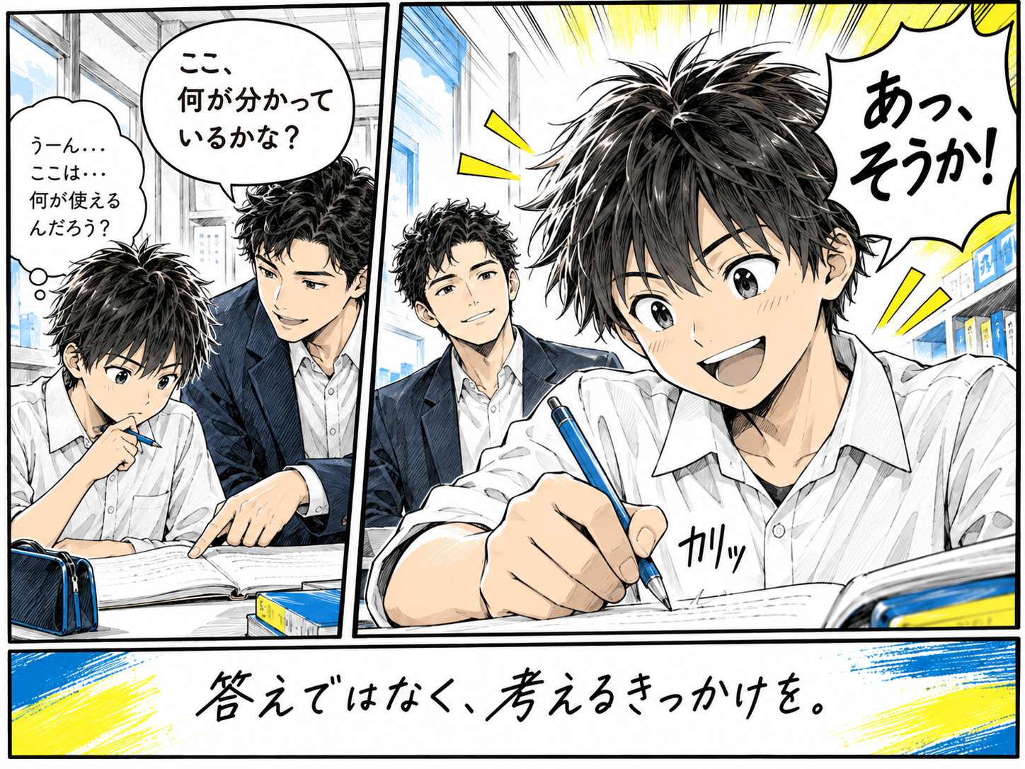 講師のヒントを受け、生徒自身が問題の解き方に気づく漫画