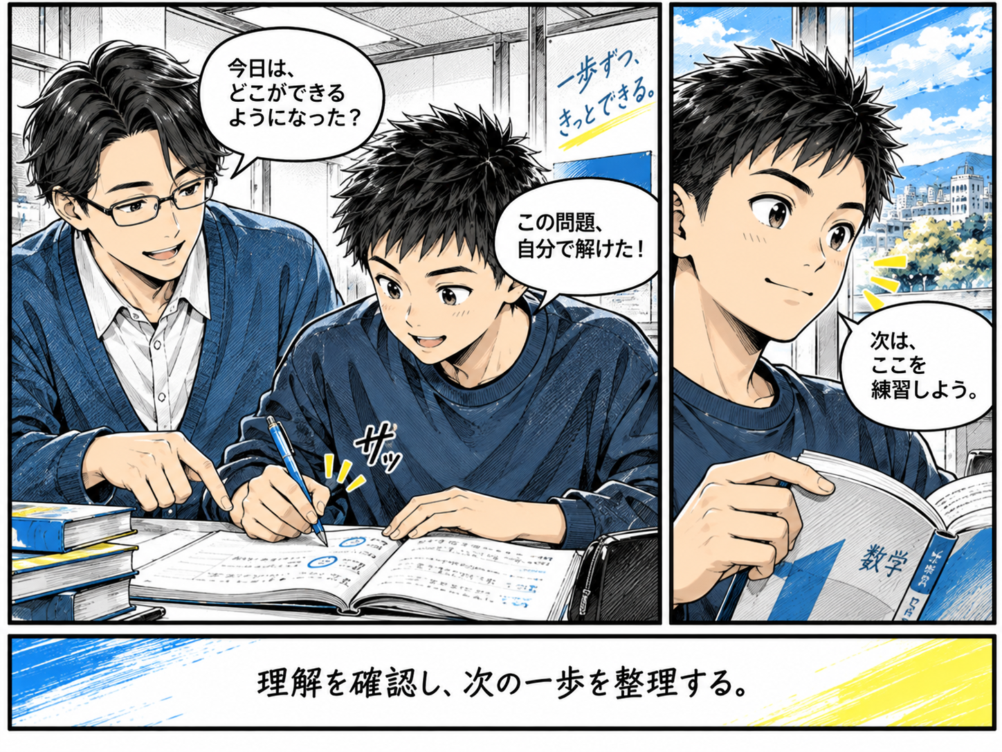 授業を振り返り、次に取り組む学習を自分で考える生徒の漫画