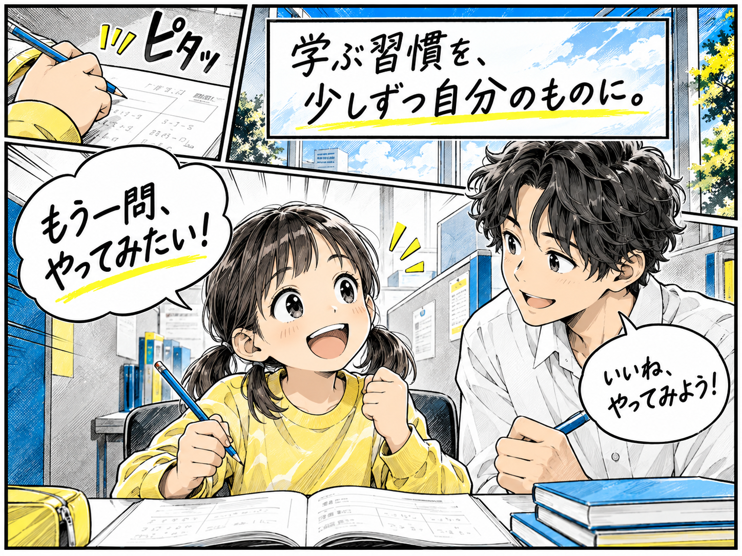 学習を楽しみながら学ぶ習慣を身につける小学生と講師の漫画