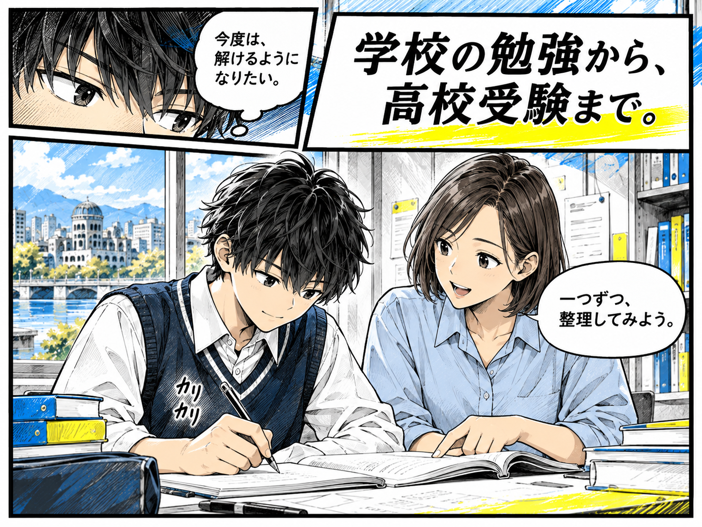 学校の学習や高校受験に向けて講師と勉強する中学生の漫画