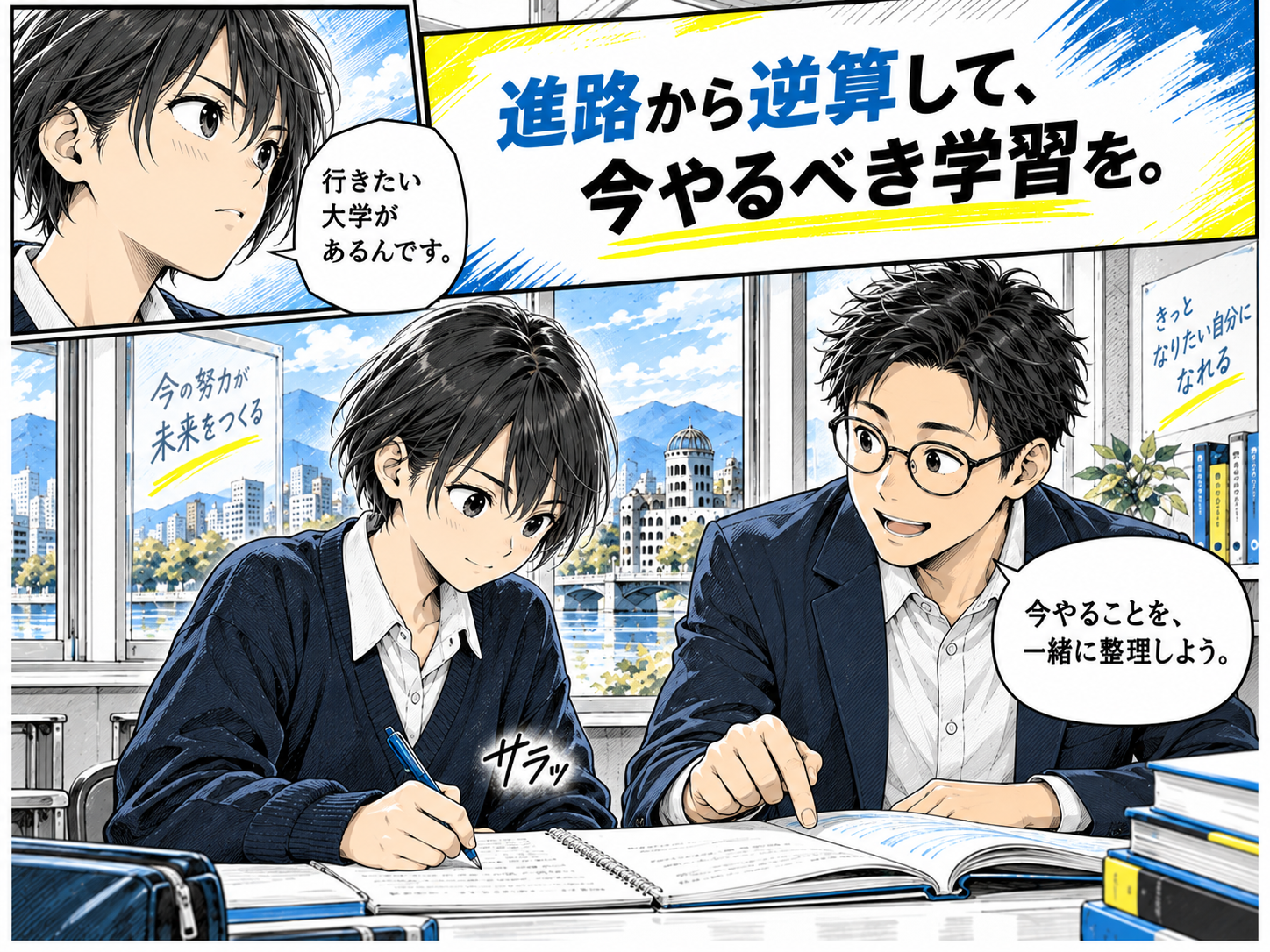 進路から逆算し、大学受験に向けた学習を考える高校生と講師の漫画