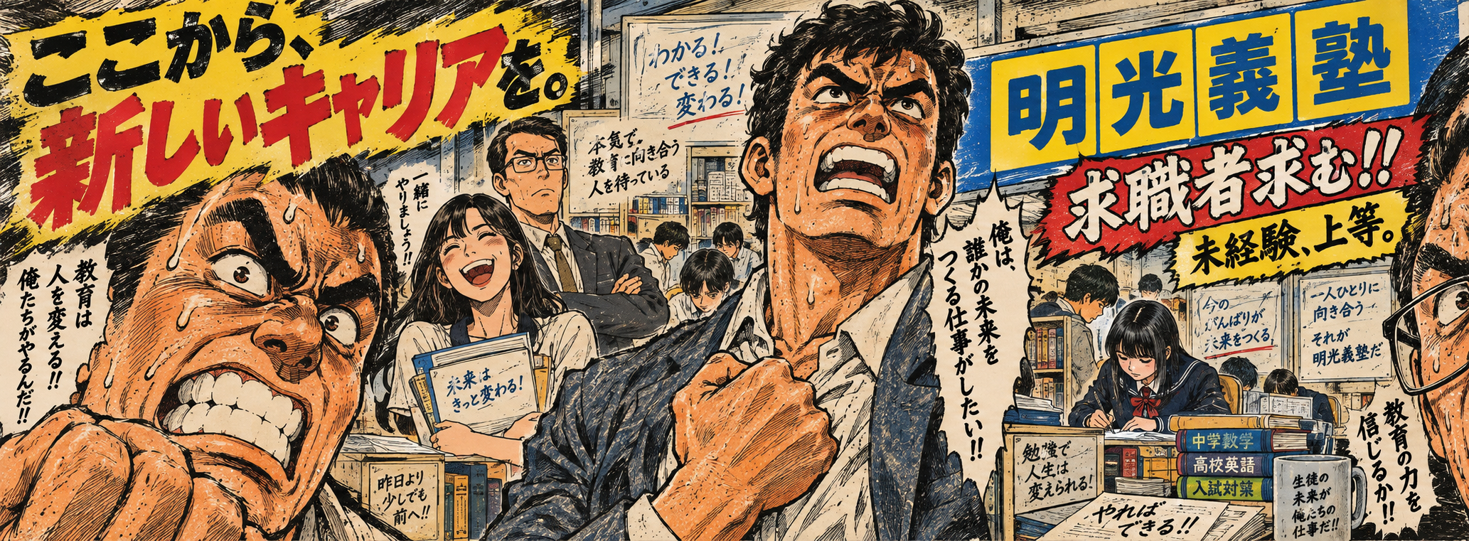 明光義塾の採用をテーマにした昭和熱血少年漫画風ビジュアル