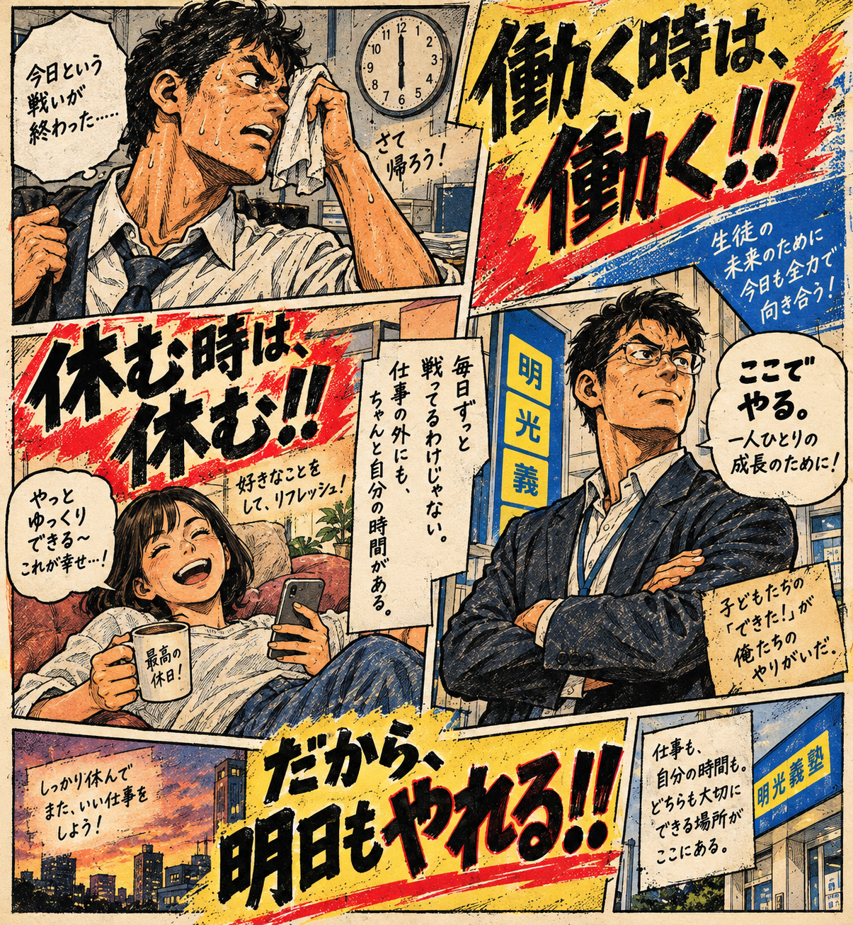 仕事と休日を熱血漫画のように描いた働き方の漫画