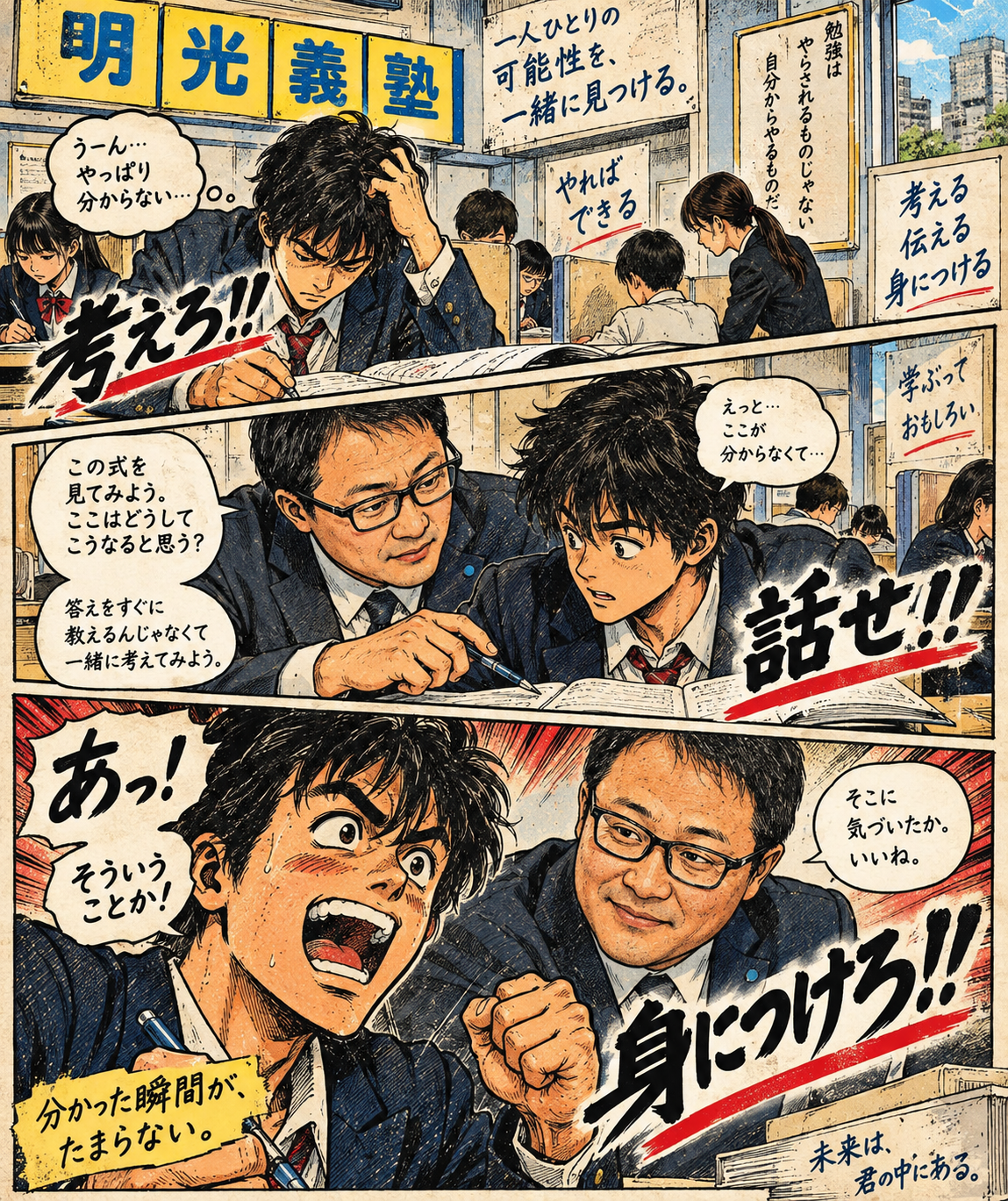 生徒が考え、講師との対話から気付きを得る漫画