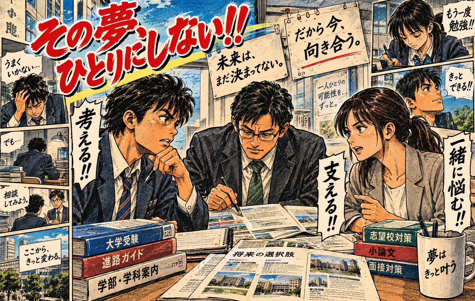 高校生、教室長、講師が進路について一緒に考える漫画
