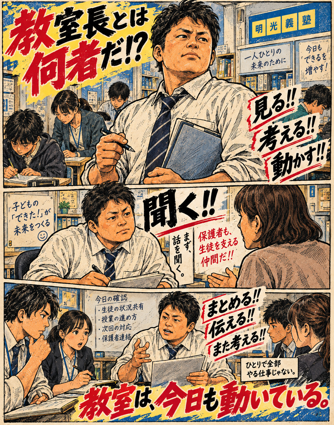 教室長の仕事を三段の漫画で描いたページ