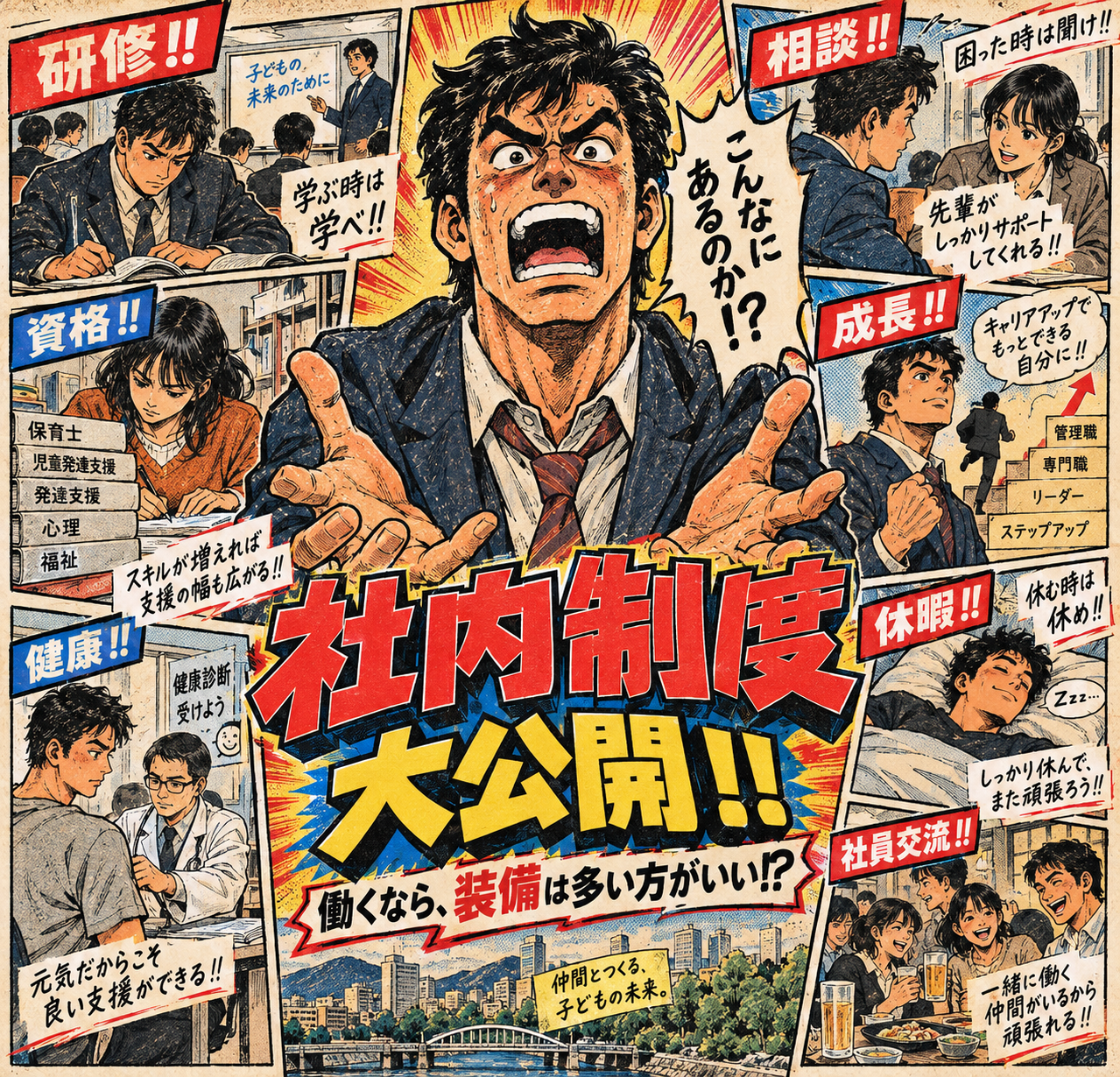 研修、資格、休暇などの社内制度を熱血漫画風に紹介したページ