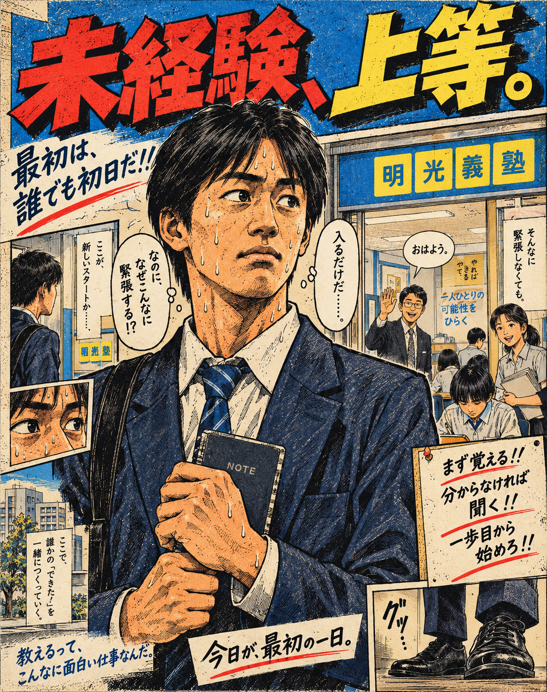 初出勤で緊張する新人を描いた漫画