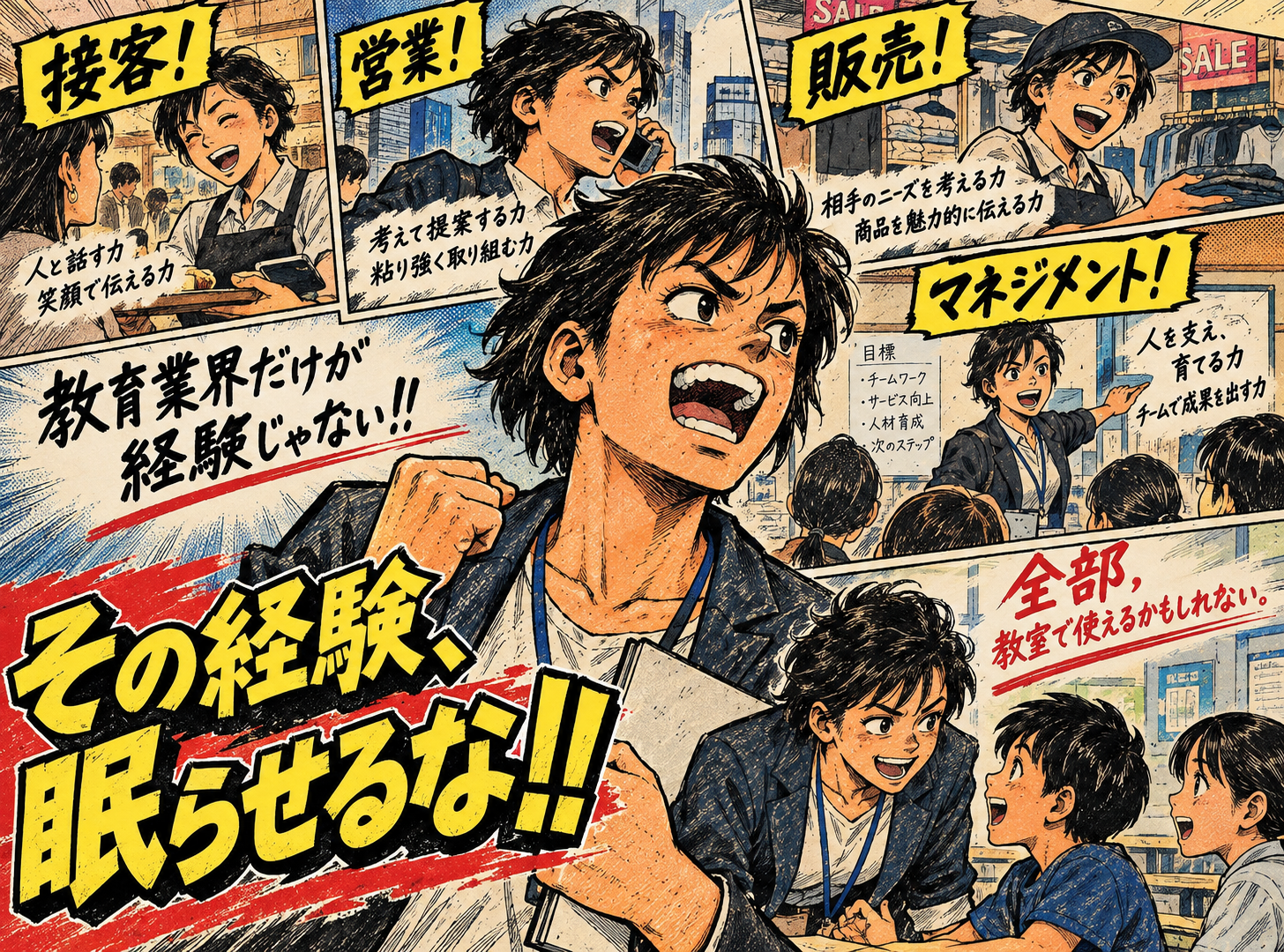 接客、営業、販売、マネジメント経験が教室で活きることを描いた漫画