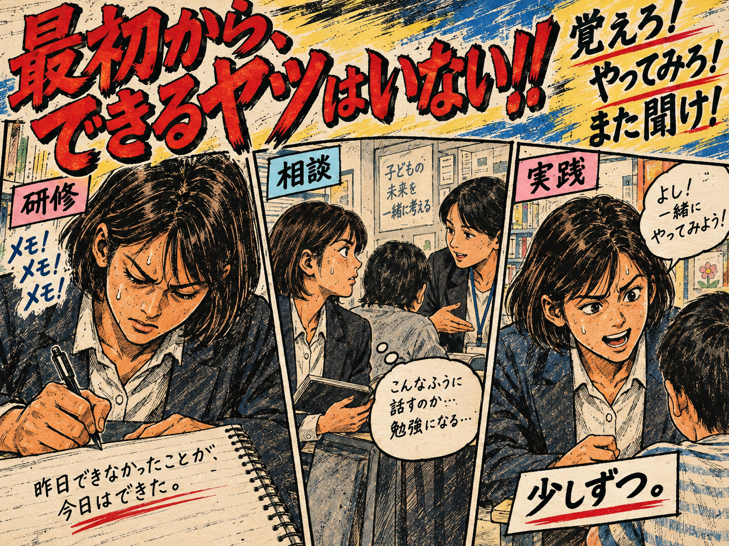 研修、相談、実践を通じて少しずつ成長する新人を描いた漫画