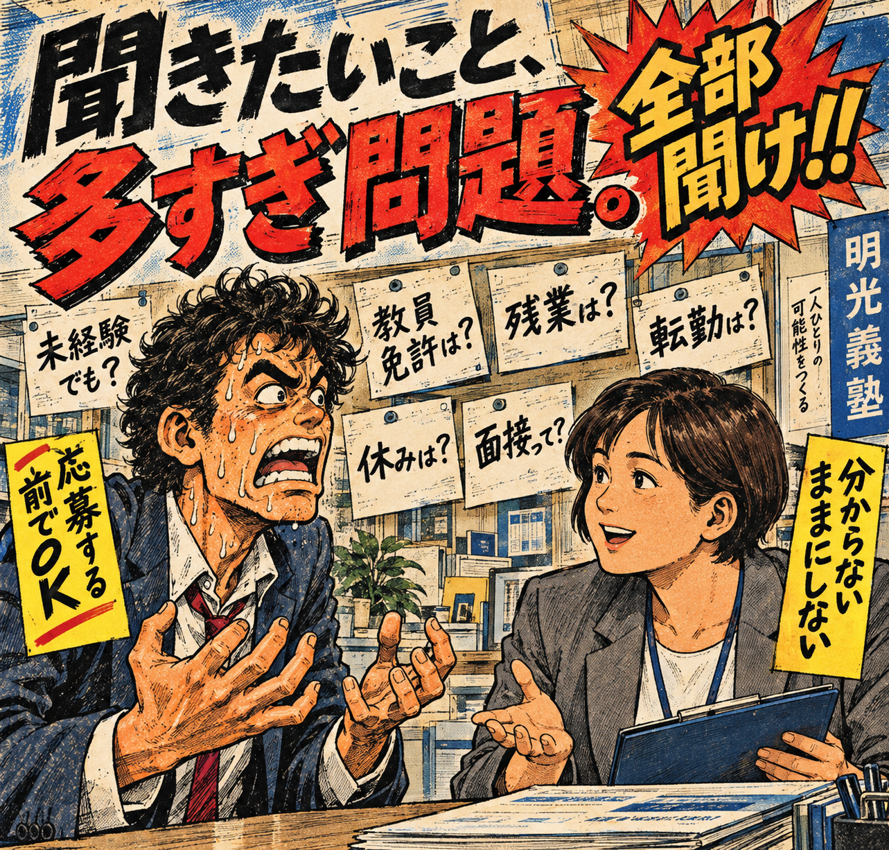 応募前の疑問を大量に質問する求職者を描いたFAQ漫画